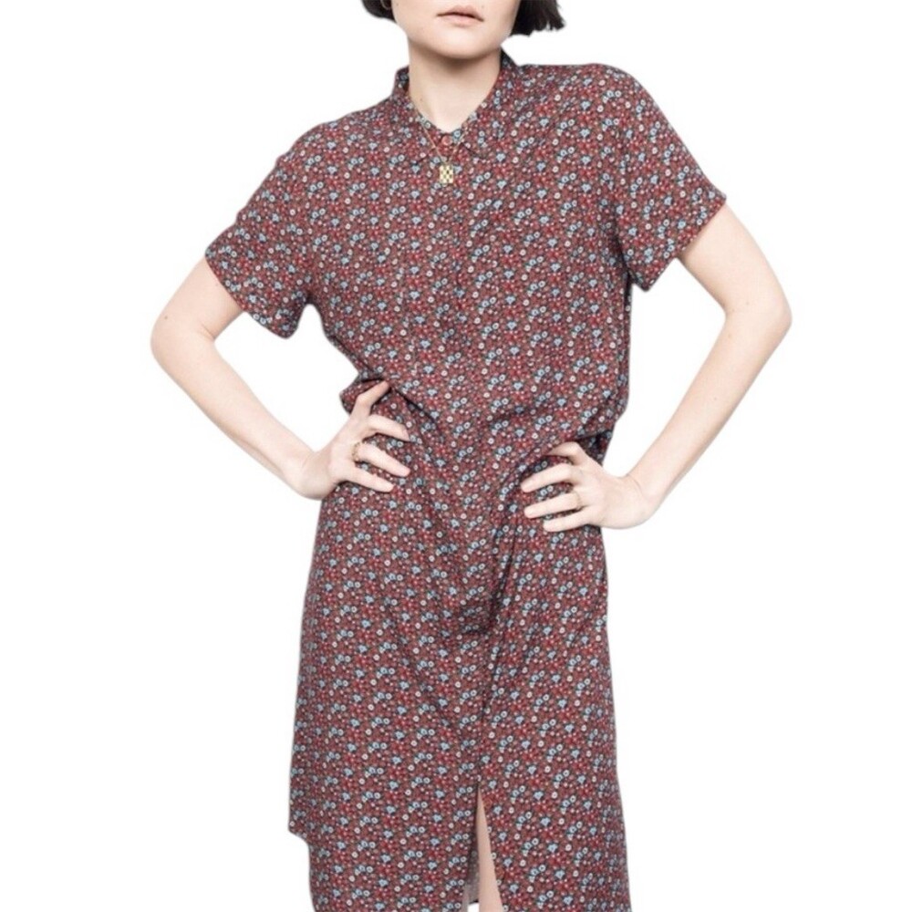 Wildfang Shirt Dress Red Blue Floral Midi-Maxi Button Front